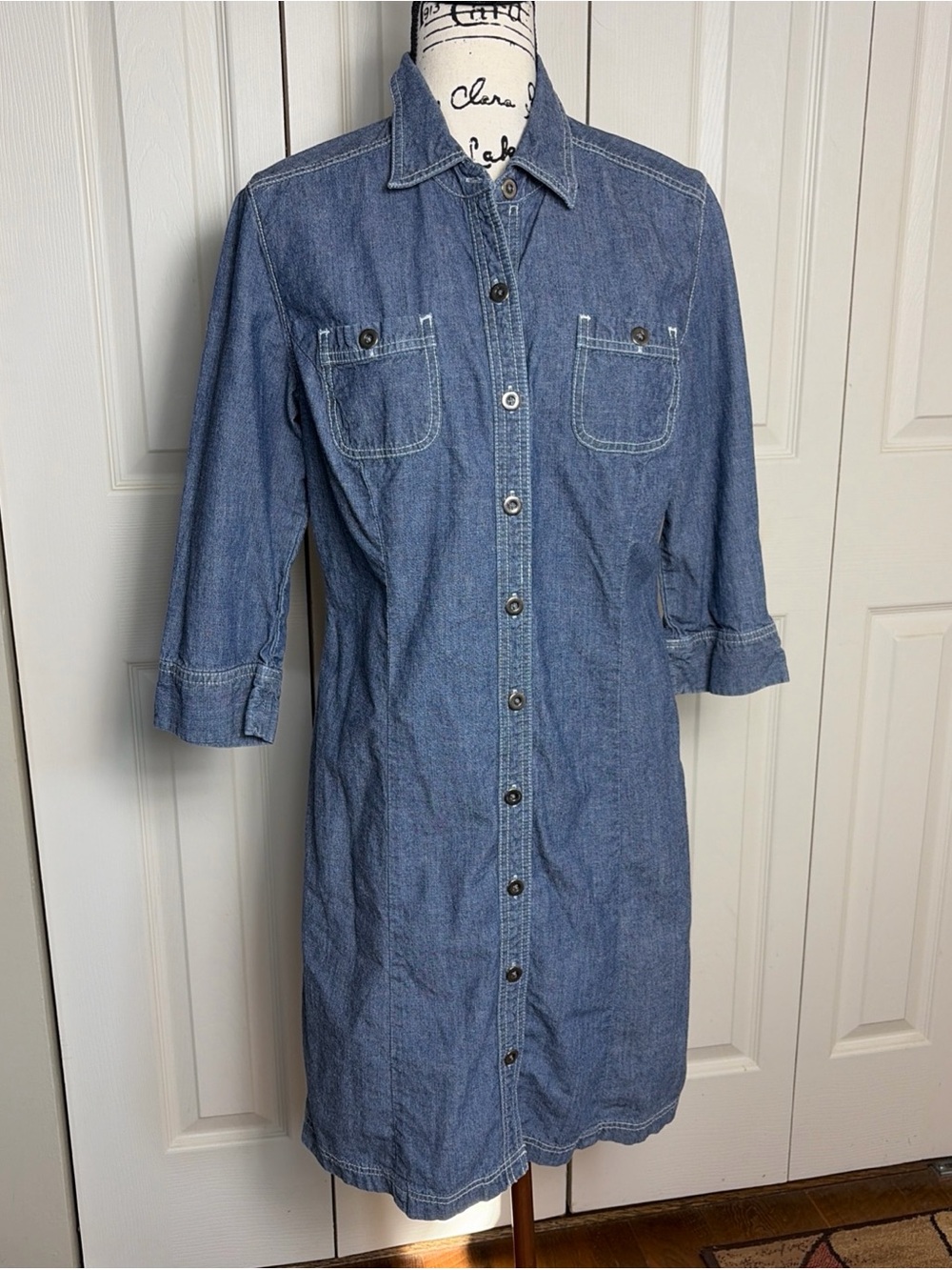 Chico Denim Dress Blue Chambray 3/4 Sleeve Button belted shirt dress SZ 1 (8-10)